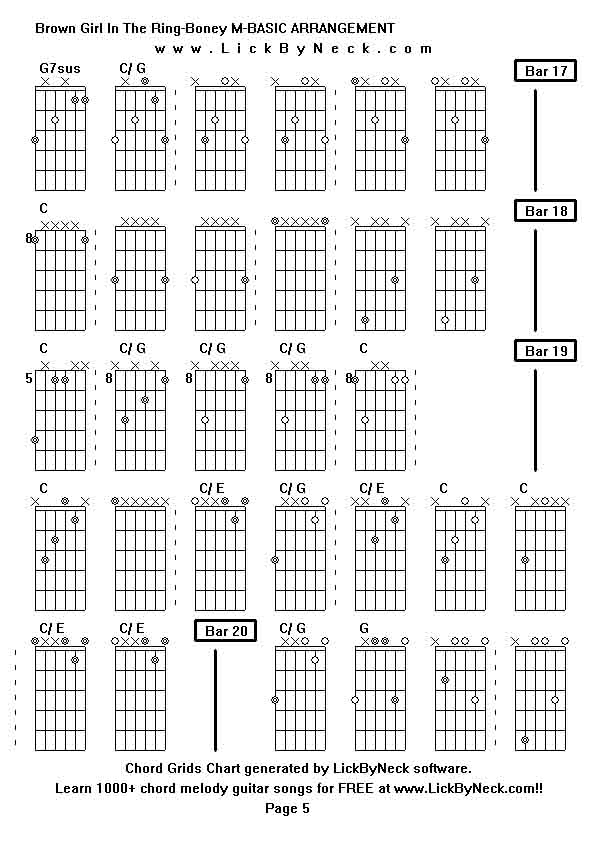 Chord Grids Chart of chord melody fingerstyle guitar song-Brown Girl In The Ring-Boney M-BASIC ARRANGEMENT,generated by LickByNeck software.